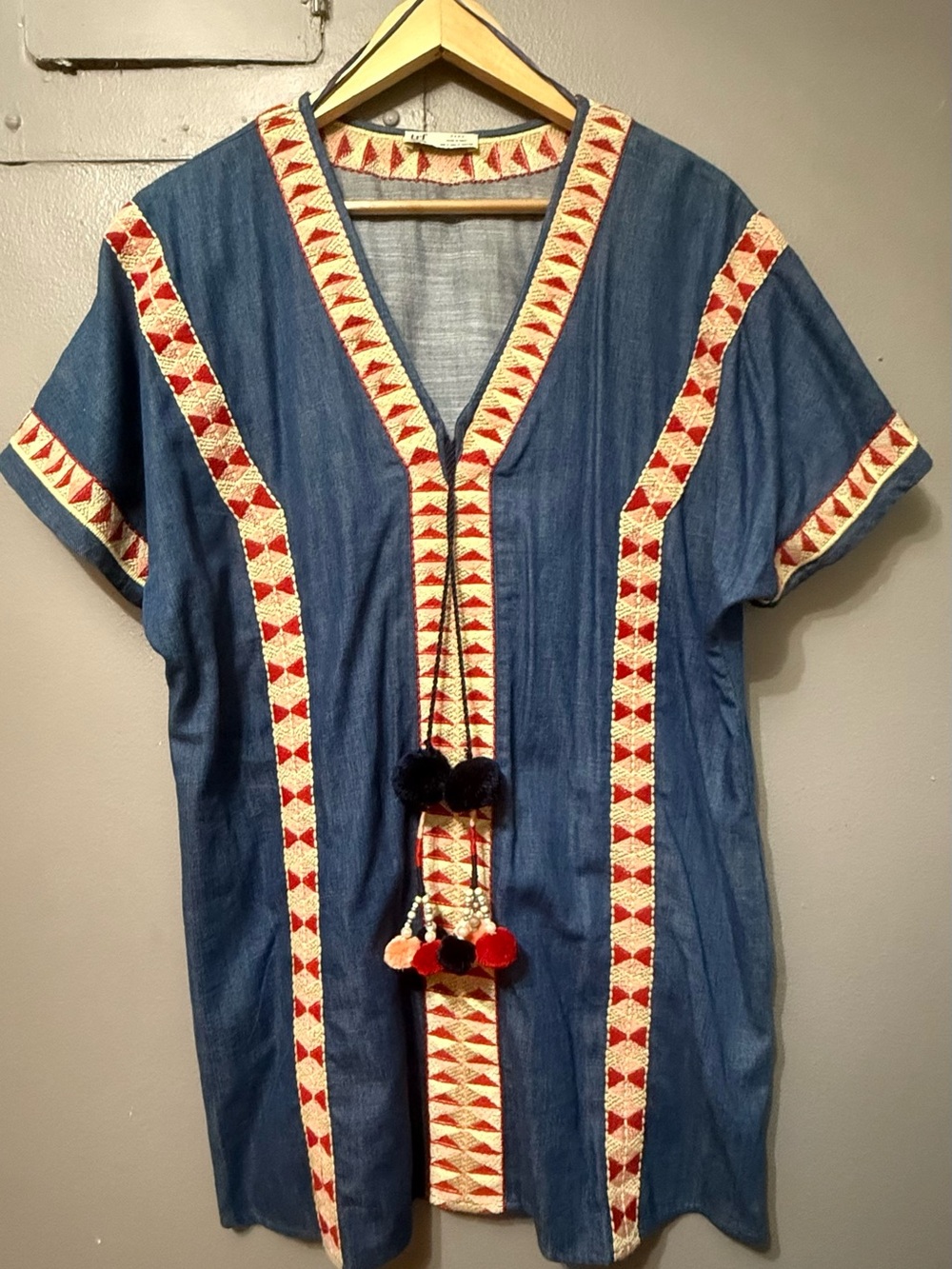 Boho Embroidered Blue Tunic Shirt with Red Trim
